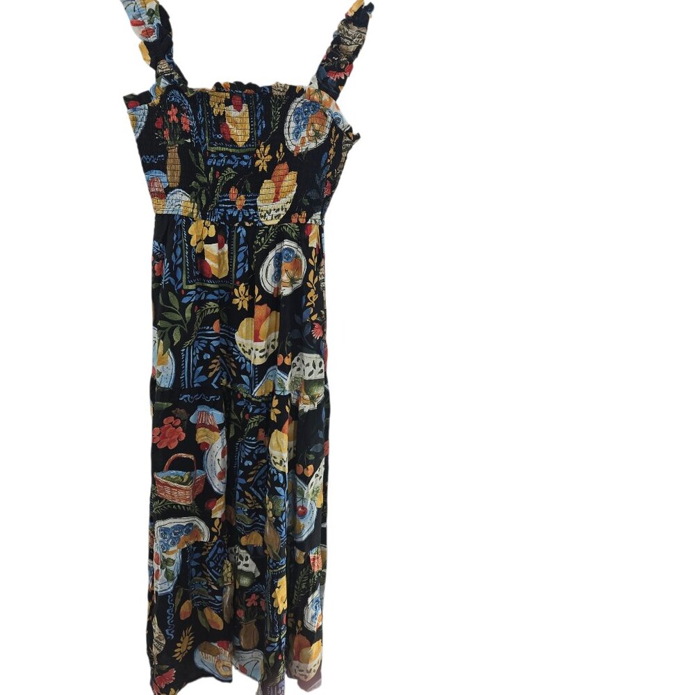 August Sky Black Fruit Breakfast Square Neck Ruched Midi Dress Small NWOT